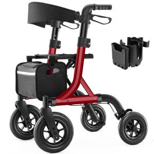 All-Terrain Rollator Walker 10" Rubber Wheels Foldable Walker w/ Padded Seat cup