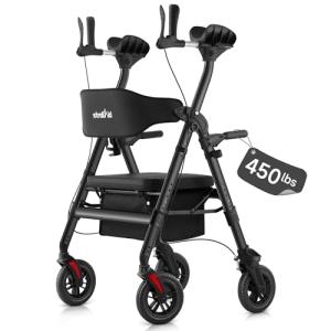 StrollAid Upright Walkers for Seniors, Stand Up Rollator Walker with Padded Seat and Backrest, Heavy Duty Forearm Rollator with Support Handrail, Holds up to 450 pounds, Compact Folding, Black