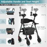 StrollAid Upright Walkers for Seniors, Stand Up Rollator Walker with Padded Seat and Backrest, Heavy Duty Forearm Rollator with Support Handrail, Holds up to 450 pounds, Compact Folding, Black