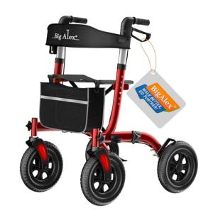 BigAlex Rollator Walker with Seat, Walker for Seniors with Wider Seat,Folding Rolling Walkers with 10" All-Terrain Wheels,Lightweight Aluminum Walkers Rollator with Backrest,Cup Holder,Red