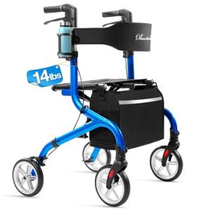 PLANET WALK Super Lightweight Rollator Walker for Seniors, Foldable Rolling Walker with Seat and 8" Rubber Wheels for All Terrain, Upgraded Height Adjustment Button with Cup Holder, Blue