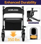 HOMLAND Foldable Walkers for Seniors with Seat, Height Adjustable Rollator Walker, 8" Big Wheels Rolling Walker for All Terrain, Aluminum Lightweight Walker.