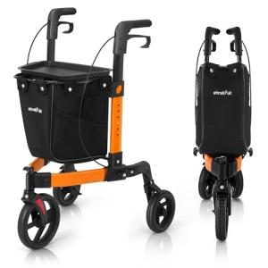 3 Wheel Rollator Walker, Walkers for Seniors, Rollator Walker Lightweight Foldable, with Tray and Large Storage Bag, 10 Inch Front Wheel for All Terrain, Orange