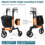 3 Wheel Rollator Walker, Walkers for Seniors, Rollator Walker Lightweight Foldable, with Tray and Large Storage Bag, 10 Inch Front Wheel for All Terrain, Orange