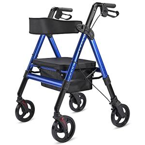 AW Rollator Walker with Seat Foldable, Medical Upright Bariatric Rolling Walker for Seniors, Heavy Duty Aluminum with Dual Brakes, Supports up to 450 lbs, Blue