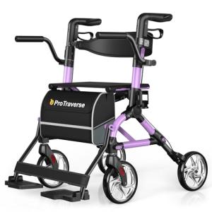 Rollator Walkers for Seniors with Seat, Walker Wheelchair Combo, Lightweight Foldable Wheelchairs for Adults, Rolling Walker All Terrain, 2 in 1 Walker Wheelchair with Cup Holder& Bag,Purple