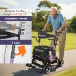 Rollator Walkers for Seniors with Seat, Walker Wheelchair Combo, Lightweight Foldable Wheelchairs for Adults, Rolling Walker All Terrain, 2 in 1 Walker Wheelchair with Cup Holder& Bag,Purple