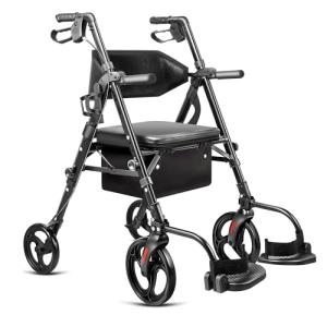 2-in-1 Rollator Walker with Seat & Extra Wide Backrest, Foldable Rolling Walker Featuring All-Terrain 10-Inch Front Wheels and 8-Inch Rear Wheels for Seniors, Supports Up to 300 lbs