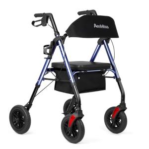 Amblisss Walkers for Seniors with Seat, Foldable Rollator Walkers, 300 lbs Weight Capacity, 8" Wheels Dual Height Ajustable, Rolling Walker with Seat for All-Terrain, Dark Blue