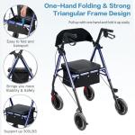 Amblisss Walkers for Seniors with Seat, Foldable Rollator Walkers, 300 lbs Weight Capacity, 8" Wheels Dual Height Ajustable, Rolling Walker with Seat for All-Terrain, Dark Blue