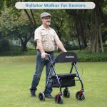 Amblisss Walkers for Seniors with Seat, Foldable Rollator Walkers, 300 lbs Weight Capacity, 8" Wheels Dual Height Ajustable, Rolling Walker with Seat for All-Terrain, Dark Blue