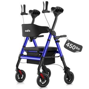 StrollAid Upright Walkers for Seniors, Stand Up Rollator Walker with Padded Seat and Backrest, Heavy Duty Forearm Rollator with Support Handrail, Holds up to 450 pounds, Compact Folding, Blue