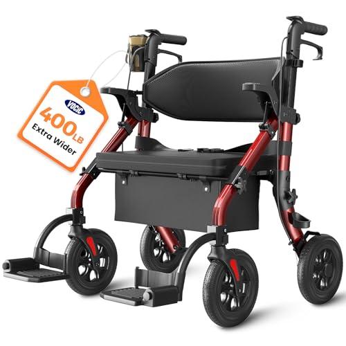 VOCIC Walkers for Seniors Z59, 2 in 1 Walker Wheelchair Combo, 400 LBS Weight Capacity, 10" All Terrain Rollator with Extra Wide Seat & Backrest, Heavy Duty Rollator with Cup Holder，FSA HSA Eligible