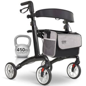 Vive Ultralight Rollator Walker with Seat – Carbon Fiber Frame for Seniors – Folding Mobility Aid with Brakes, Armrest & Storage Bag – Height Adjustable, Compact, Durable, 450 lb Capacity