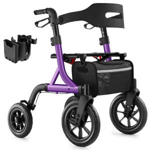 12"+10" Rubber Wheels All-Terrain Rollator Walker with Seat Foldable Adjustable 