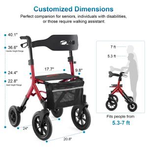 12" Rubber Wheels All-Terrain Rollator Walker w/Seat Backrest Folding Adjustable
