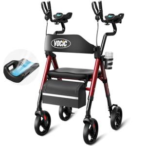 VOCIC Walkers for Seniors, Upright Walker with Adjustable Armrests, Z22 GelCool Stand Up Walker with Ergo Seat & Backrest, 8" All Terrain Rollator with 300lb,Cup& Cane Holder