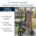 Vive Mobility 3 Wheel Walker - Three Wheeled Rollator for Seniors - Lightweight, Foldable, Narrow, Heavy Duty - for Elderly Men Women - Folding 3-Wheel Tri Scooter with Basket Bag