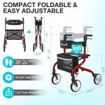 PLANET WALK Super Lightweight Rollator Walker for Seniors, Foldable Rolling Walker with Seat and 8" Rubber Wheels for All Terrain, Unique Design Aluminium Frame Sturdy Walkers for Traveling - Red