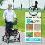 PLANET WALK Super Lightweight Rollator Walker for Seniors, Foldable Rolling Walker with Seat and 8" Rubber Wheels for All Terrain, Unique Design Aluminium Frame Sturdy Walkers for Traveling - Red