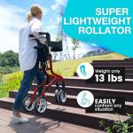 PLANET WALK Super Lightweight Rollator Walker for Seniors, Foldable Rolling Walker with Seat and 8" Rubber Wheels for All Terrain, Unique Design Aluminium Frame Sturdy Walkers for Traveling - Red