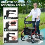 PLANET WALK Super Lightweight Rollator Walker for Seniors, Foldable Rolling Walker with Seat and 8" Rubber Wheels for All Terrain, Unique Design Aluminium Frame Sturdy Walkers for Traveling - Red