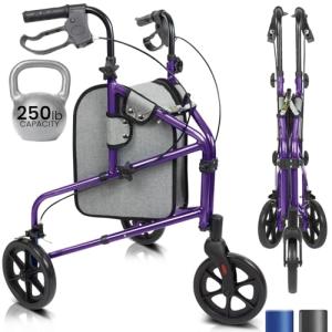 Vive Mobility 3 Wheel Walker - Three Wheeled Rollator for Seniors - Lightweight, Foldable, Narrow, Heavy Duty - for Elderly Men Women - Folding 3-Wheel Tri Scooter with Basket Bag