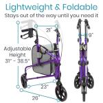 Vive Mobility 3 Wheel Walker - Three Wheeled Rollator for Seniors - Lightweight, Foldable, Narrow, Heavy Duty - for Elderly Men Women - Folding 3-Wheel Tri Scooter with Basket Bag
