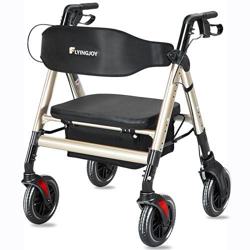 FlyingJoy Rollator Walker with Seat,450Lb Rolling Walker, Extra-Wide Heavy-Duty Rollator Walker with Seat and Brakes for Seniors and Adults Bariatric with Large Aluminum (Champagne)