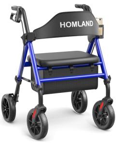 HOMLAND Walkers for Seniors with Seat, Foldable Rollator Walker, Reinforced Aluminum Frame, 8" Big Rubber Wheels for All Terrain, Height Adjustable Lightweight Rolling Walker