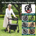 Steppilot Vela Rollator Walkers with Seat for Seniors, 500 lbs Weight Capacity & Reinforced Aluminum Frame, 8" Rubber Wheels for All Terrain, Height Adjustable Foldable Rolling Walker Lightweight