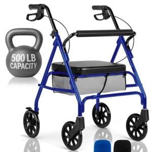 Vive Bariatric Rollator Walker for Seniors - 500 lbs Capacity - Rolling Walker with Seat Lightweight Easy Folding - Mobility Aids & Equipment - Adult Heavy Duty 4 Wheel with Brakes (Blue)