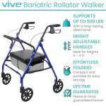 Vive Bariatric Rollator Walker for Seniors - 500 lbs Capacity - Rolling Walker with Seat Lightweight Easy Folding - Mobility Aids & Equipment - Adult Heavy Duty 4 Wheel with Brakes (Blue)