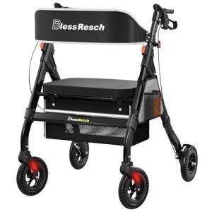 BlessReach Foldable Rollator Walkers with Seat for Seniors, 450 lb Capacity, 8'' Wheels, 18" Big Seat, 6-Position Height, Heavy-Duty Aluminum Rolling Walker (Black)