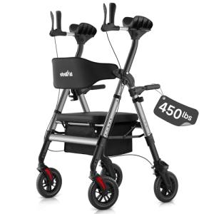 StrollAid Upright Walkers for Seniors, Stand Up Rollator Walker with Padded Seat and Backrest, Heavy Duty Forearm Rollator with Support Handrail, Holds up to 450 pounds, Compact Folding, Grey