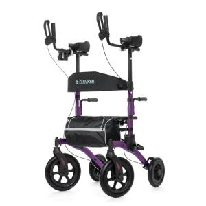 ELENKER All-Terrain Upright Rollator Walker, Stand up Rolling Walker with Seat, 12” Non-Pneumatic Wheels, Compact Folding Design for Seniors, Purple