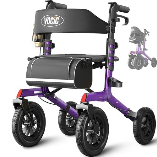 VOCIC Walker with Seat for Seniors, Z57 Outdoor Rollator Walker with 12" All Terrain Big Wheels, 7-Level Adjustable Height Rolling Walker with Safety Brakes, Storage Bag, Cup Holder