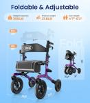 VOCIC Walker with Seat for Seniors, Z57 Outdoor Rollator Walker with 12" All Terrain Big Wheels, 7-Level Adjustable Height Rolling Walker with Safety Brakes, Storage Bag, Cup Holder