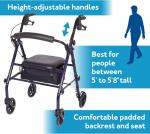 Foldable Heavy-Duty Rollator Walker with Padded Seat for Seniors - 5'0" to 5'8"