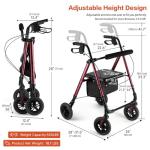 Ambliss Walkers for Seniors with Seat, Foldable Rollator Walker, 300 lbs Weight Capacity, 8" Wheels Dual Height Ajustable, Rolling Walker with Tray for All-Terrain (Red)