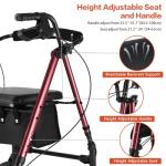 Ambliss Walkers for Seniors with Seat, Foldable Rollator Walker, 300 lbs Weight Capacity, 8" Wheels Dual Height Ajustable, Rolling Walker with Tray for All-Terrain (Red)