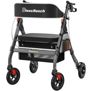 BlessReach Foldable Rollator Walkers with Seat for Seniors, 450 lb Capacity, 8'' Wheels, 18" Big Seat, 6-Position Height, Heavy-Duty Aluminum Rolling Walker (Gray)