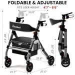 BlessReach Foldable Rollator Walkers with Seat for Seniors, 450 lb Capacity, 8'' Wheels, 18" Big Seat, 6-Position Height, Heavy-Duty Aluminum Rolling Walker (Gray)