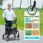 PLANET WALK Super Lightweight Rollator Walker for Seniors, Foldable Rolling Walker with Seat and 8" Rubber Wheels for All Terrain, Unique Design Aluminium Frame Sturdy Walkers for Traveling - Black