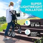 PLANET WALK Super Lightweight Rollator Walker for Seniors, Foldable Rolling Walker with Seat and 8" Rubber Wheels for All Terrain, Unique Design Aluminium Frame Sturdy Walkers for Traveling - Black