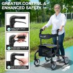 PLANET WALK Super Lightweight Rollator Walker for Seniors, Foldable Rolling Walker with Seat and 8" Rubber Wheels for All Terrain, Unique Design Aluminium Frame Sturdy Walkers for Traveling - Black