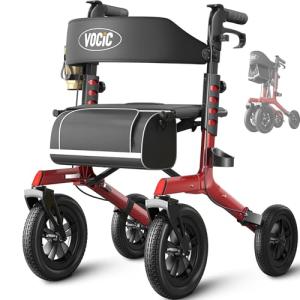 VOCIC Walker with Seat for Seniors, Z57 Outdoor Rollator Walker with 12" All Terrain Big Wheels, 7-Level Adjustable Height Rolling Walker with Safety Brakes, Storage Bag, Cup Holder