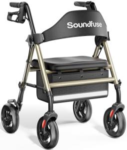 Soundfuse Rollator Walkers with Seat for Seniors, Foldable 8" Big Wheels All Terrain Rolling Walker, Handles and Ergonomic Seat Height Adjustable, 350 lb