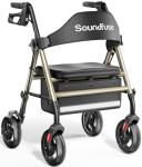 Soundfuse Rollator Walkers with Seat for Seniors, Foldable 8" Big Wheels All Terrain Rolling Walker, Handles and Ergonomic Seat Height Adjustable, 350 lb