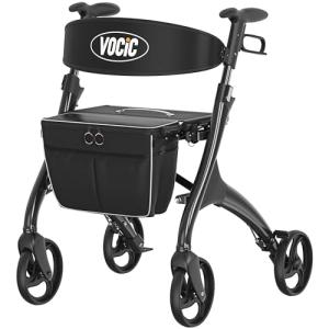 Walker with Seat for Seniors, VOCIC Heavy Duty Walker 4 Wheel Rollator for Seniors, Aluminum Folding Rolling Walker w/Seat-rest, Pouch, Backrest-Inky Black